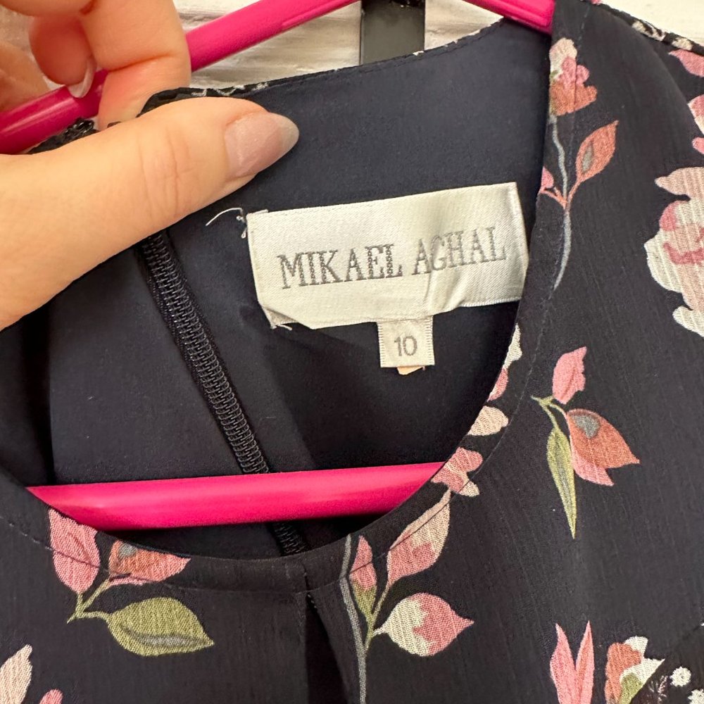 Mikael Aghal Pleated Floral-Print Crinkled Georgette Gown Midnight Blue Size 10 - Picture 3 of 7